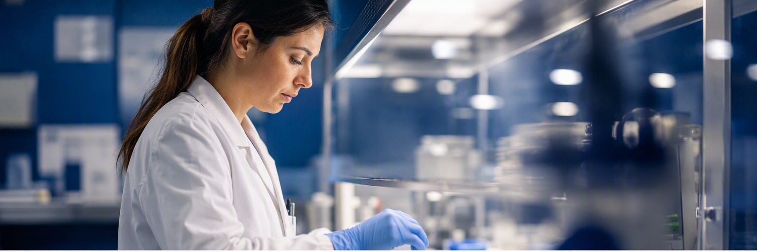 Embryologist working at a laminar flow hood in an IVF laboratory