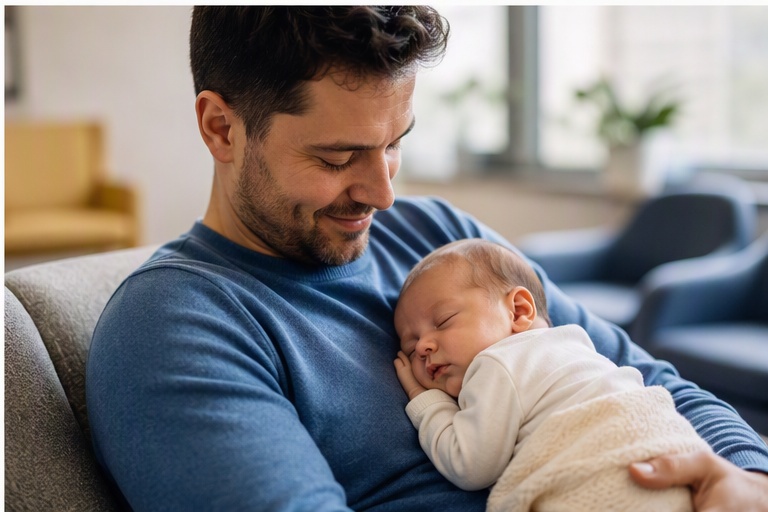 Father holding newborn baby, representing the outcome IVF technology supports