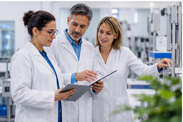Illustrative photo of laboratory professionals reviewing quality procedures